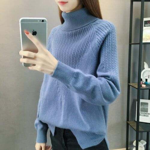 2021 New Korean Fashion Slouchy Sweaters Womens New Loose Bottoms Knitted Autumn Winter Solid Turtleneck Pullover Tops Clothing