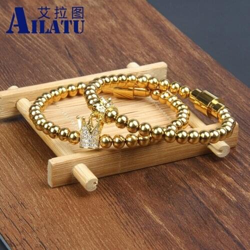 New Crown Sets Bracelet with 6mm Stainless Steel Beads Couples Jewelry Top Quality