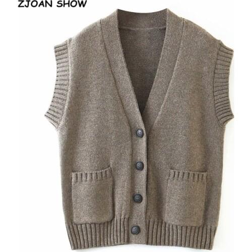 Autumn Vintage Khaki Sleeveless Knitted Cardigan Women Korean Clothing Loose Pocket V Neck Sweater Vest Boyfriend Style Knitwear