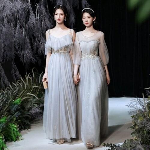 Spring Summer Young Lady Long Bridesmaid Dresses Bling Sequins Elegant Simple Light Gray Tulle Wedding Guest Party Gown JQ815