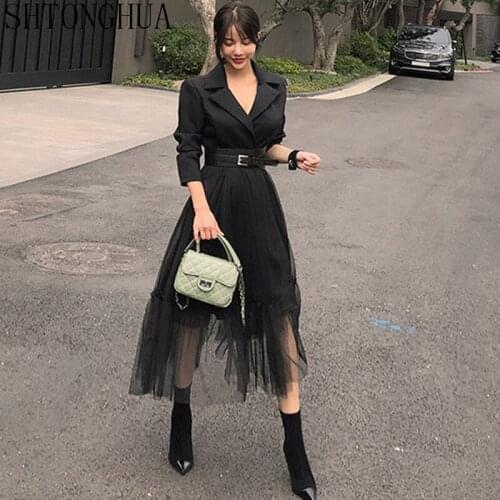 SHTONGHUA 2019 Spring HIGH QUALITY Sexy Patchwork Dress Women Notched Neck Mesh Waist Dresses Long Swing Vestido Belt
