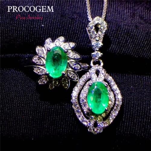 VS Natural Emerald set for women Party Wedding Necklace Rings Fine Jewelry Sets 4x6mm Real Green Gemstones 925 Sterling Silver
