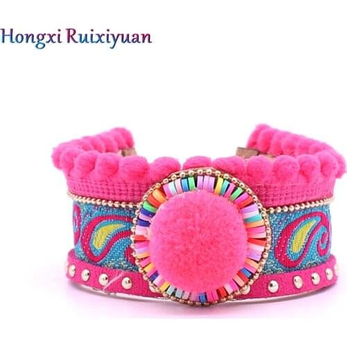Jewelry Leather bracelet fashion bracelets for women bohemian embroidery pattern colorful cotton ball charm bracelet jewelry