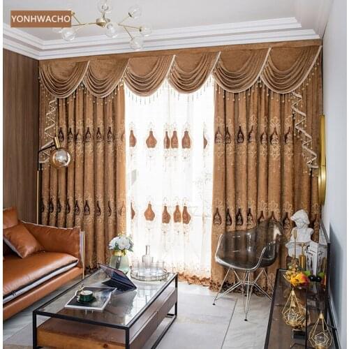Custom curtain luxury living room bedroom chenille embroidered coffee thick cloth blackout curtain valance tulle panel C604