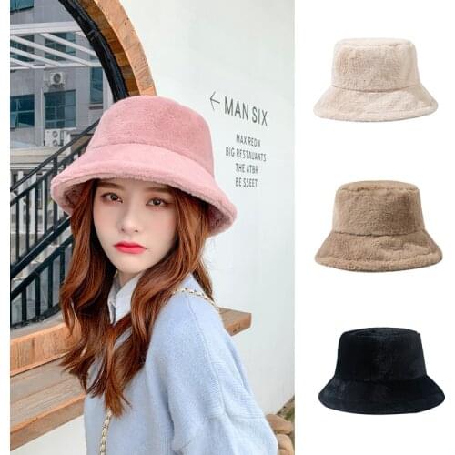Faux Fur Winter Hats For Women Solid Color Bucket Hat Female Lady Warm Panama Fisherman Cap Vacation Caps