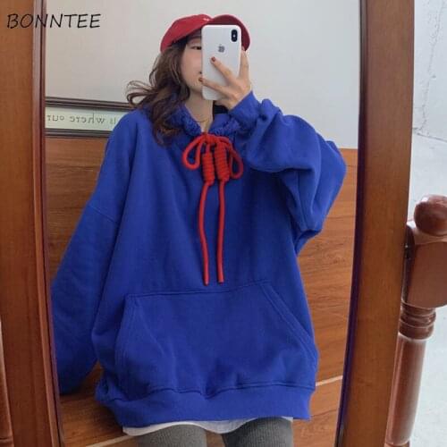 Hoodies Women Pure Color Korean Style Fashion Ulzzang Hooded High Street BF Mujer De Moda Loose Long Sleeve Spring Female Thick