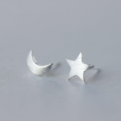 Silver Color Asymmetry Star Moon Stud Earrings For Women Girls Wedding Party Jewelry Pendientes EH882