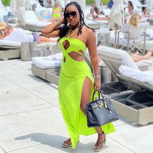 BKLD Dresses For Women 2021 Party Club Summer New Solid Color Halter Hollow Out Irregular Split Long Bodycon Maxi Dress Female