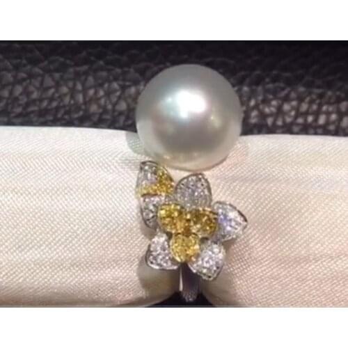 11-12MM white natural southsea pearl ring 18K white gold with diamond flower adjustable size fine women jewelry free shipping