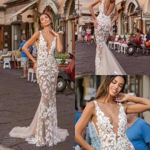 Sexy Mermaid Wedding Dresses Sheer Jewel Neck 2020 Lace Applique Backless Trumpet Wedding Gowns Illusion Vestidos De Novia