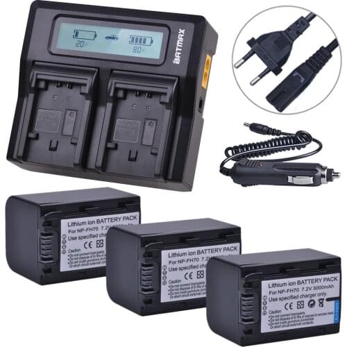 Batmax 3pc NP-FH70 NP FH70 NPFH70 Battery+LCD Rapid Dual Charger for sony NP-FH30 NP-FH100 NP-FH50 HDR-CX12E,HDR-CX7E,HDR-SR10E
