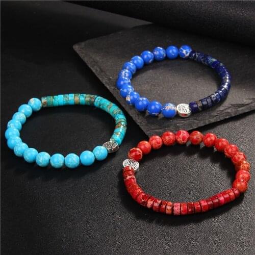 Tree Of Life Bracelet Imperial Jaspers Snakeskin Flat Round Stone Beads Bracelets For Women Men Ethnic Handmade Yoga Jewelry