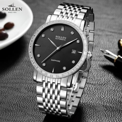 SOLLEN Luxury Mens Watch Automatic Mechanical Watch Diamond Display Dial Steel Band Calendar Mens Watch Sapphire Mirror Watch