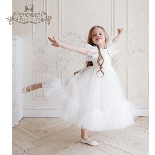 Long White Summer Birthday Cotton Girl Dress Party Tulle Princess Flower Girl Dress Boutique Outfits Robe Ete Kid Clothes BW50DR