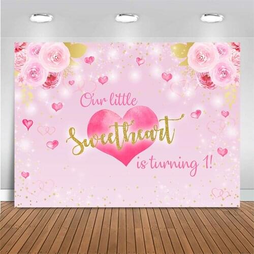 Mocsicka Our Sweetheart Is Turning One Backdrop Pink Heart Flower Glitter 1st Birthday Party Photo Background for Photo Studio
