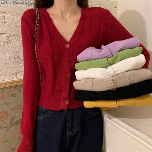 Autumn Winter Short Women’s Sweater Coat V Neck Long Sleeve Knitted Cardigan Mujer Yellow Green Purple Red Knitwear Crop Tops