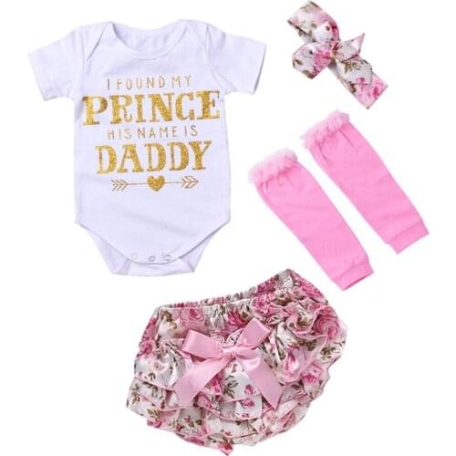 Newborn Baby Clothes Set 4pcs Baby Girl Prince Daddy Bodysuit Ruffle Floral Shorts Bottom Leg Warmers with Headband Outfits Set