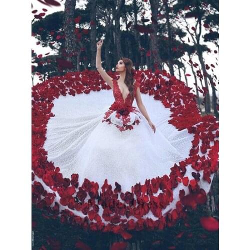 Red and White Wedding Dresses with 3D Handmade Flowers Peplum Sexy Deep V Neck Saudi Arab Women Dresses for Wedding Party Gowns