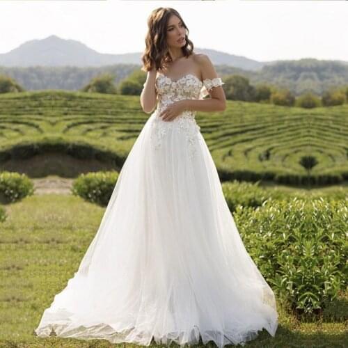 Boho Wedding Dresses Off Shoulder Sweetheart A-Line Appliques Lace A-Line Custom Simple Wedding Gown Backless Tulle Bridal Dress