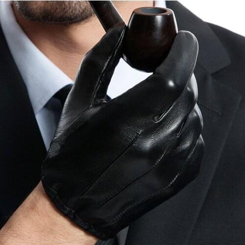 Man causal back three lines real leather short unlined leather gloves in black
