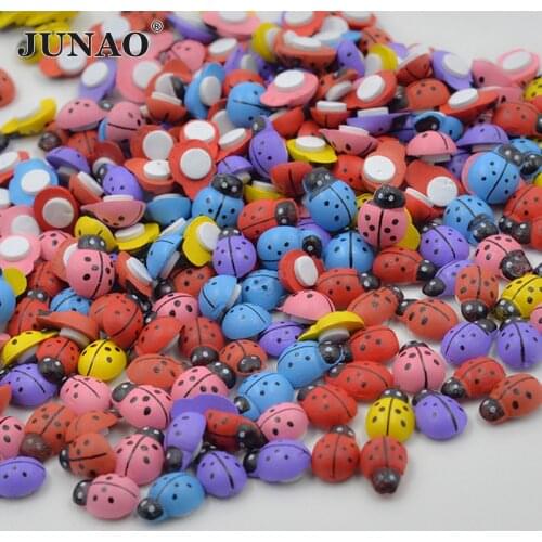 JUNAO 13*9mm Mix Color Wooded Ladybug Wall Stickers Cute 3D Ladybird Fridge Stickers Scrapbooking Crafts Home Decorations 100pc