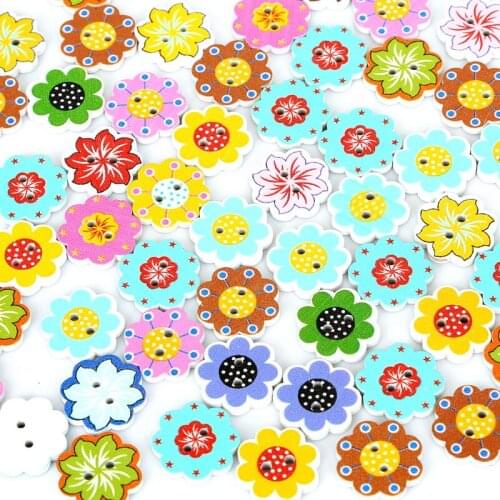 New 50Pcs Wholesale Natural Wooden Buttons Colorful Mixed Flowers Wave Edge Scrapbook Sewing Accessories DIY Craft 2 Holes 20mm
