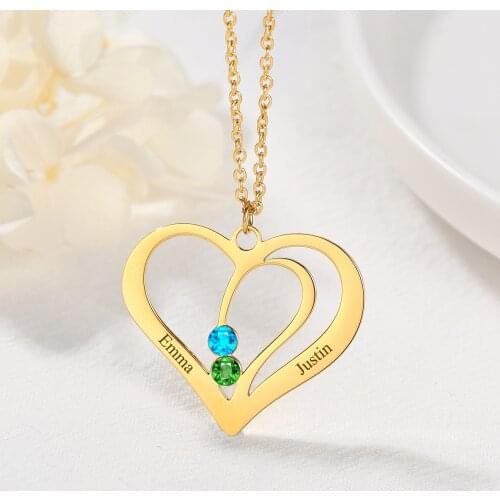 Personalized Engraved Name Heart Necklace Pendants Custom Birthstone Heart Shape Pendants Engrave Name Necklaces For Women Gift