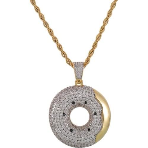 Hip Hop Bling Donut Pendant Necklace For Men Iced Out Cubic Zircon Jewelry With Free Rope Chain For Male Christmas Gifts