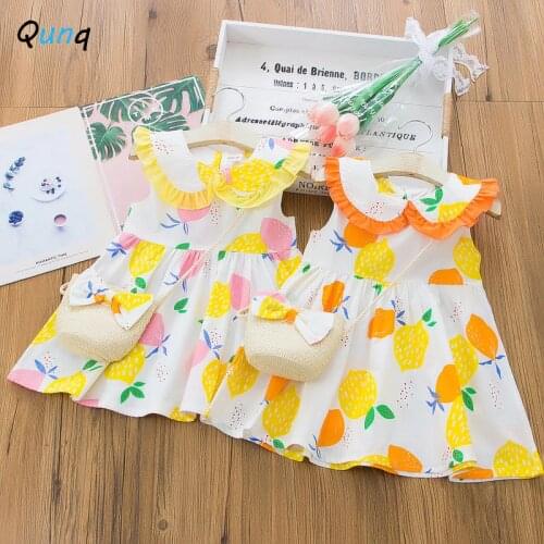 Qunq 1 2 3 4 Year Baby Children Dress 2021 New Summer Lemon Fruit Print Kids Clothes for Girl Big Bow Sweet Toddler Girl Costume