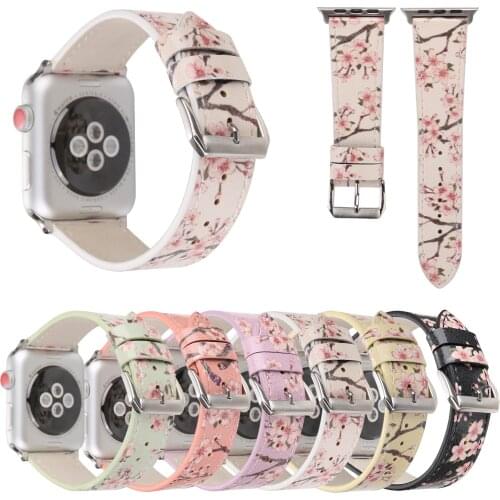 Flower Prints Leather Watch Band for Apple Watch 38/42mm 40/44mm Bracelet Cherry Blossoms Band for iWatch Series SE 6 5 4 3 2 1