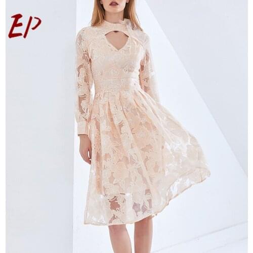 EP 2021 Spring Pink Lace Long Sleeve Bodycon Dress A-Line Hollow Out Knee-Length Casual Clothing For Women