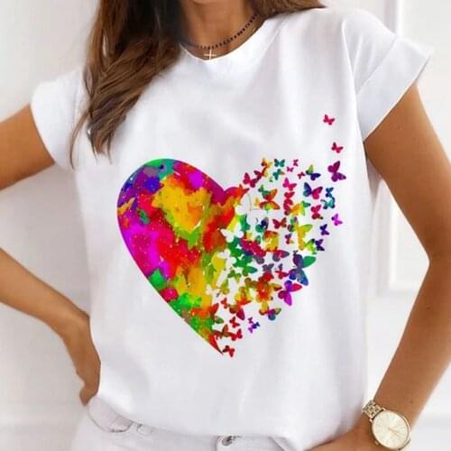 Women Feather Flower Short Sleeve Printing Summer Fashion Lady Clothes Female Tee Top Heart Butterfly Graphic T-shirt 2021