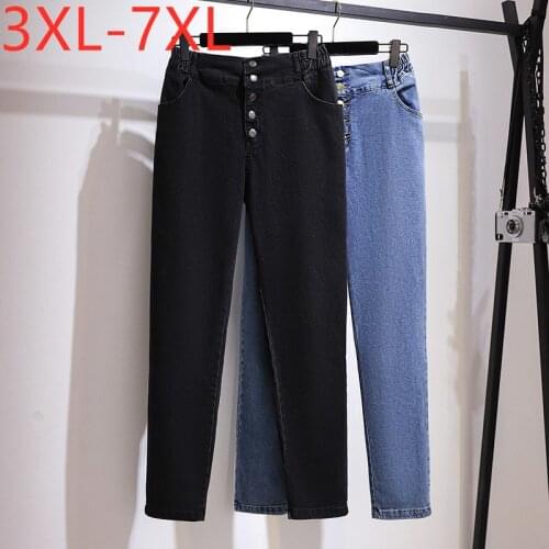 New 2021 Ladies Spring Autumn Plus Size Long Jeans For Women Large Loose Cotton Black Pocket Denim Pants 3XL 4XL 5XL 6XL 7XL