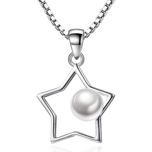 925 Sterling Silver Hollow Five-pointed Star Pearl Pendant Neckace For Women Gift Match 45cm Box Chain