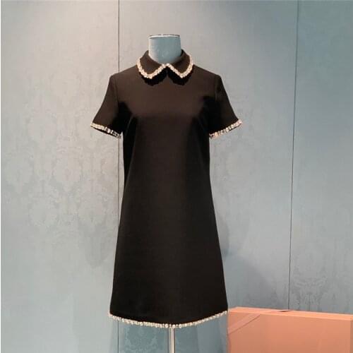Runway Beaded A-Line Short Sleeve Black Mini Dress Doll Collar Dress Women Elegant Luxury Party Light Dresses Brand Clothes