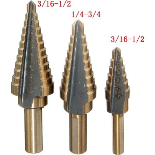 3PCS HSS Spiral Flute Steel Wood Hole Cutter 3/16-1/2 1/4-3/4 3/16-7/8 HSS Steel Spiral Step Grooved Drill Bit Set