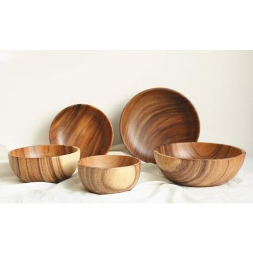 Whole wood solid Acacia wood bowl European flat bottom durable crack control Salad Noodle soup Cooking bowl
