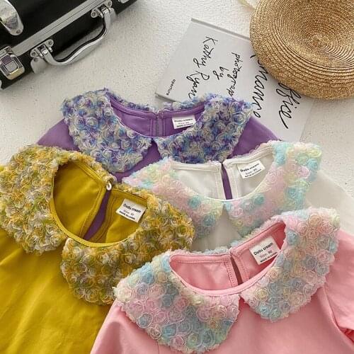 Korean childrens 2021 autumn rose doll Lapel girls' T-shirt sweet childrens bottomed Shirt Long Sleeve Top