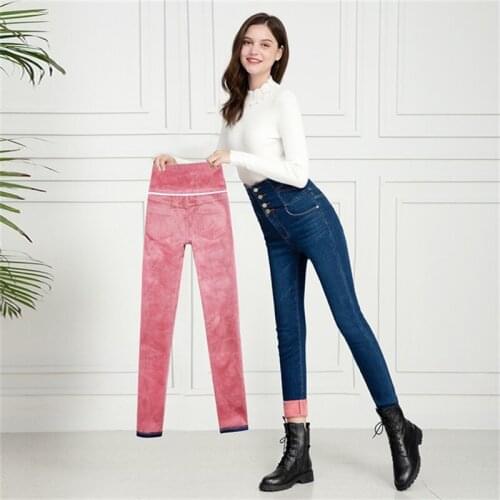 Free shipping womens 2019 winter plus velvet warm jeans high waist large size was thin feet denim trousers