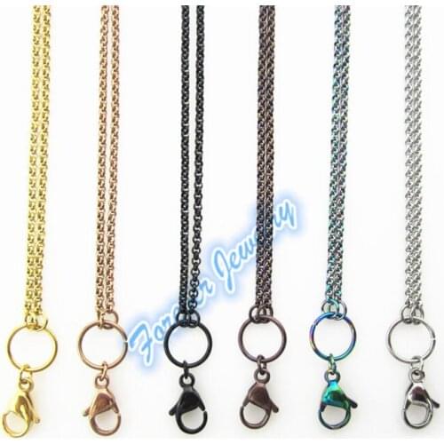Hot selling 12pcs/lot 32inch stainless steel floating glass locket chains necklace mix 6 colors locket rolo chain(1color=2pcs)