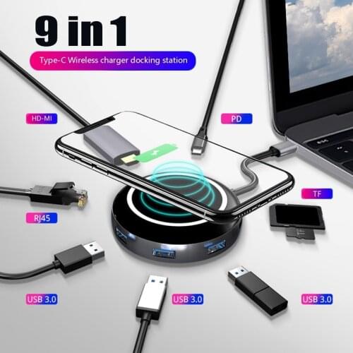 HOT-9 in 1 Type C Hub Wireless Charger USB C HUB Docking Station RJ45+HDMI-Compatible+PD+USB3.0 for
