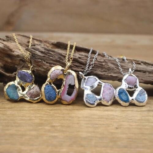 Colorful Raw Quartz Agates Geode Druzy Pendants Necklace,Natural Crystal Drusy Charms Gold/Silvery Boho Women Jewelry,QC3082