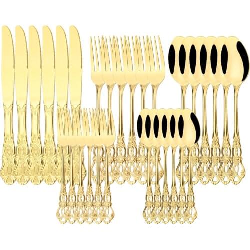 30Pcs Stainless Steel Cutlery Set Knives Dessert Fork Tea Spoon Dinnerware Set Vintage Hollow Tableware Wedding Party Silverware