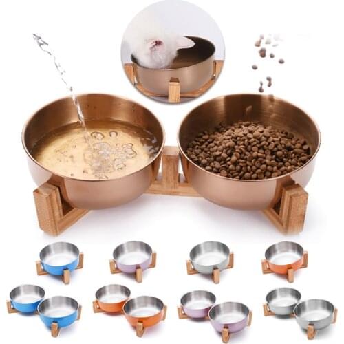 Stainless Steel Cat Bowl With Wood Stand Pet Dog Food Feeder Water Bowls Large Capacity Puppy Feeding Drinking Dish Pet Supplies