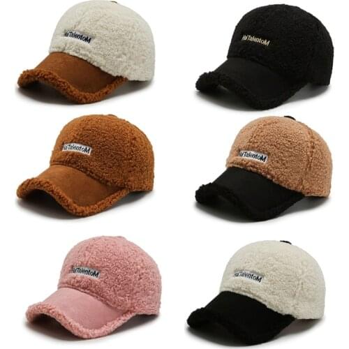 066C Letter Lamb Wool Plush Solid Color Hat for Women Hat Warm Baseball Trend Fluffy Bucket Casual Winter Fall
