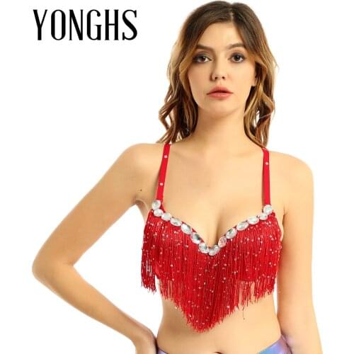 Sexy Women Belly Dance Costume Bra Top Sequins Tassel Rhinestone Underwired Brassiere Party Club Bralet Nightclub DJ Dancewear