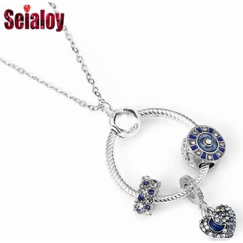 Seialoy New Blue Ocean Heart Pendant Necklace Star Moon Heart Dangle Charm Silver Color Necklace For Women Lovers Party Jewelry