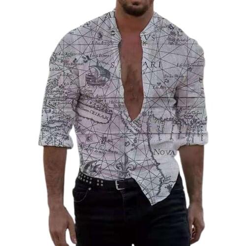 Casual Shirt Map Print Cool Breathable Long Sleeve Buttons Closure Men Shirt for Vacation Men Shirt