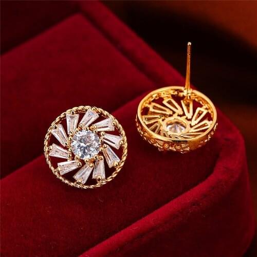 Simple Female White Crystal Stone Earring Charm Sun Flower Small Stud Earrings Rose Gold Silver Color Wedding Earrings For Women