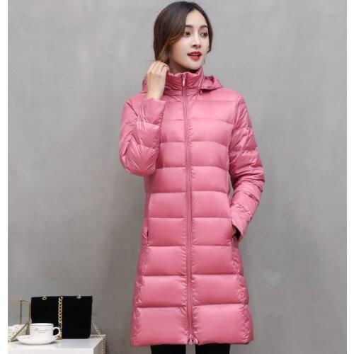 2019 Down jacket womens new light, light and bright face medium and long Korean large stand collar hooded detachable coat